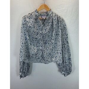 Thierry Colson Peasant Blouse Blue Floral Hi Lo Balloon Sleeve Ruffle Neck Sz M